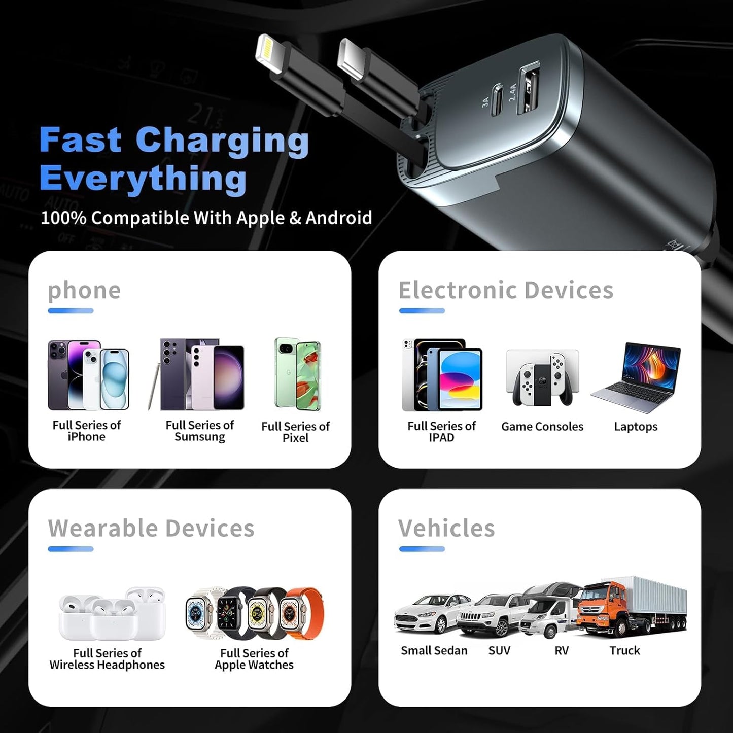 Retractable Car Charger 4 in 1, Car 