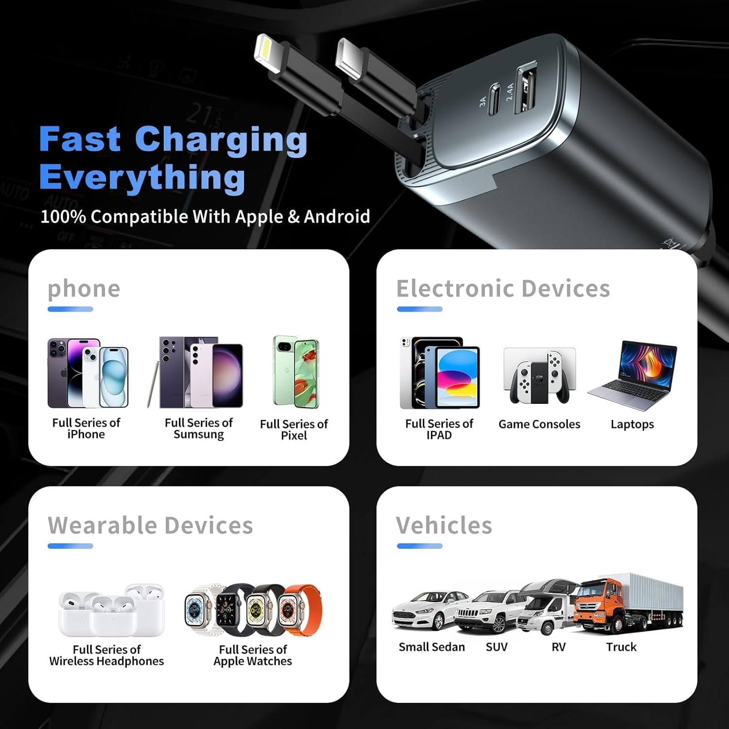Retractable Car Charger 4 in 1, Car 