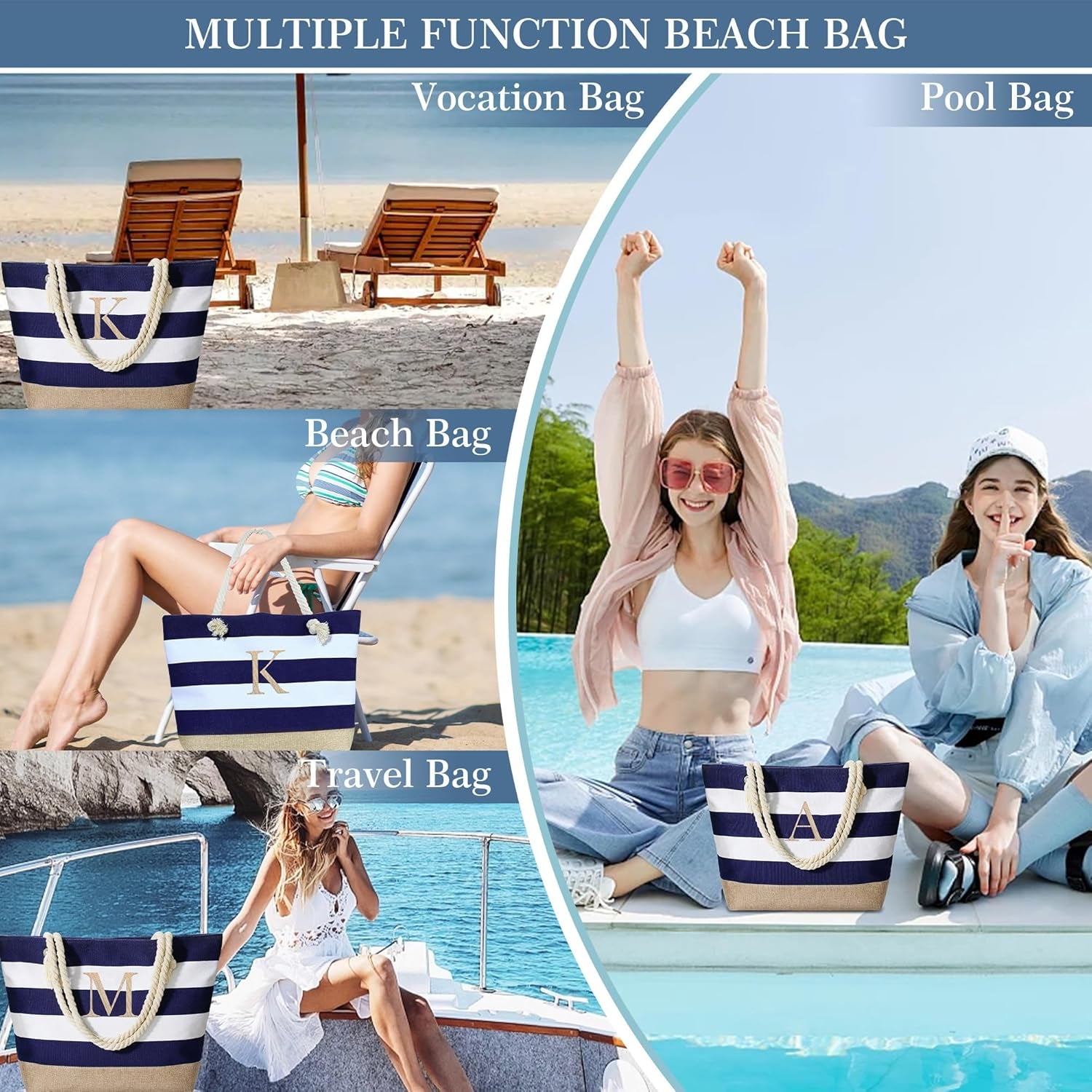 Initial Canvas Waterproof Beach Tote Bag