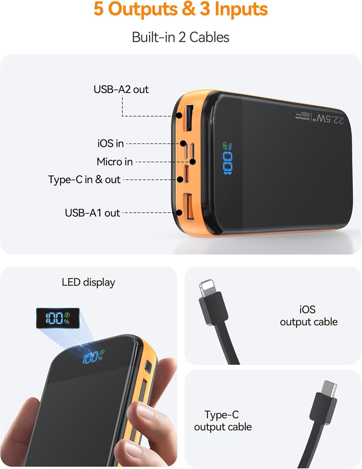 Portable Charger Power Bank Built-In