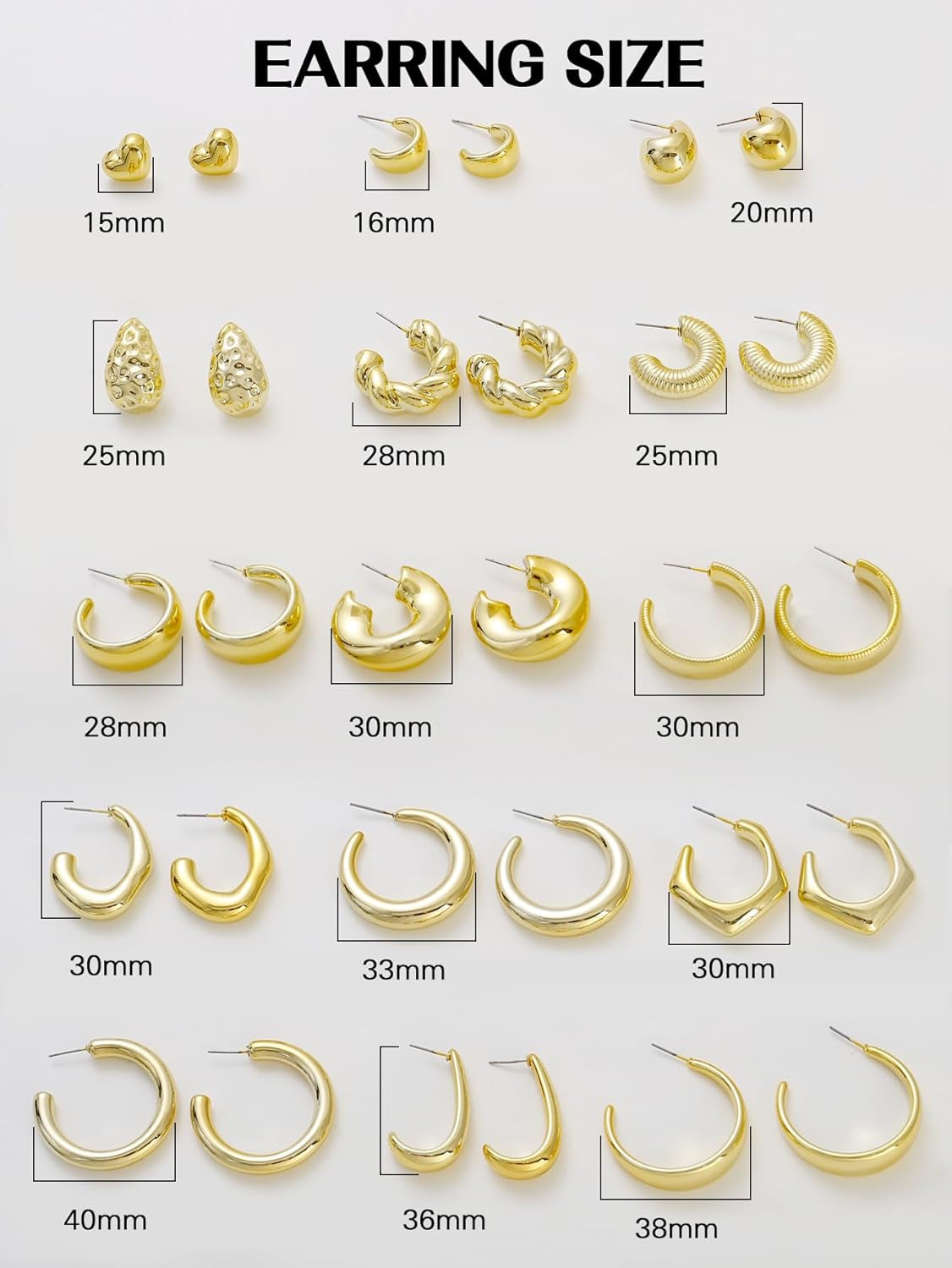 10 Pairs Hypoallergenic Chunky Gold 
