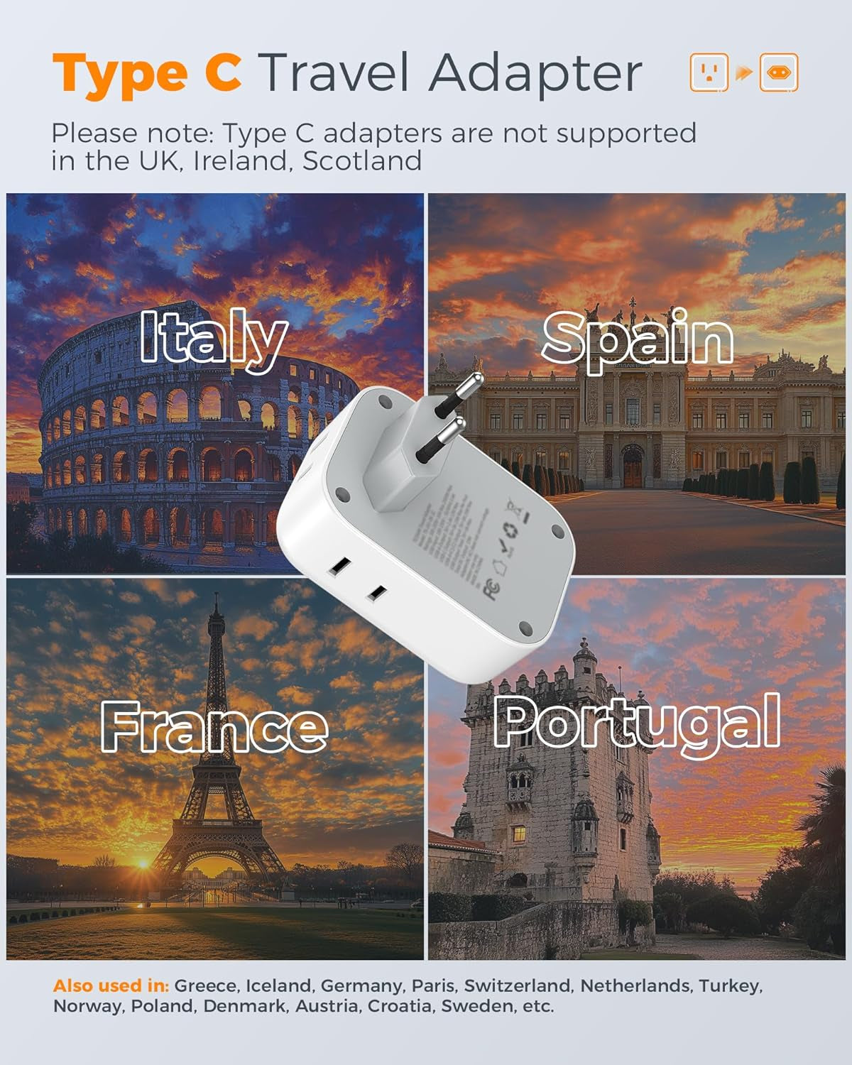 2 Pack European Plug Adapter USB C