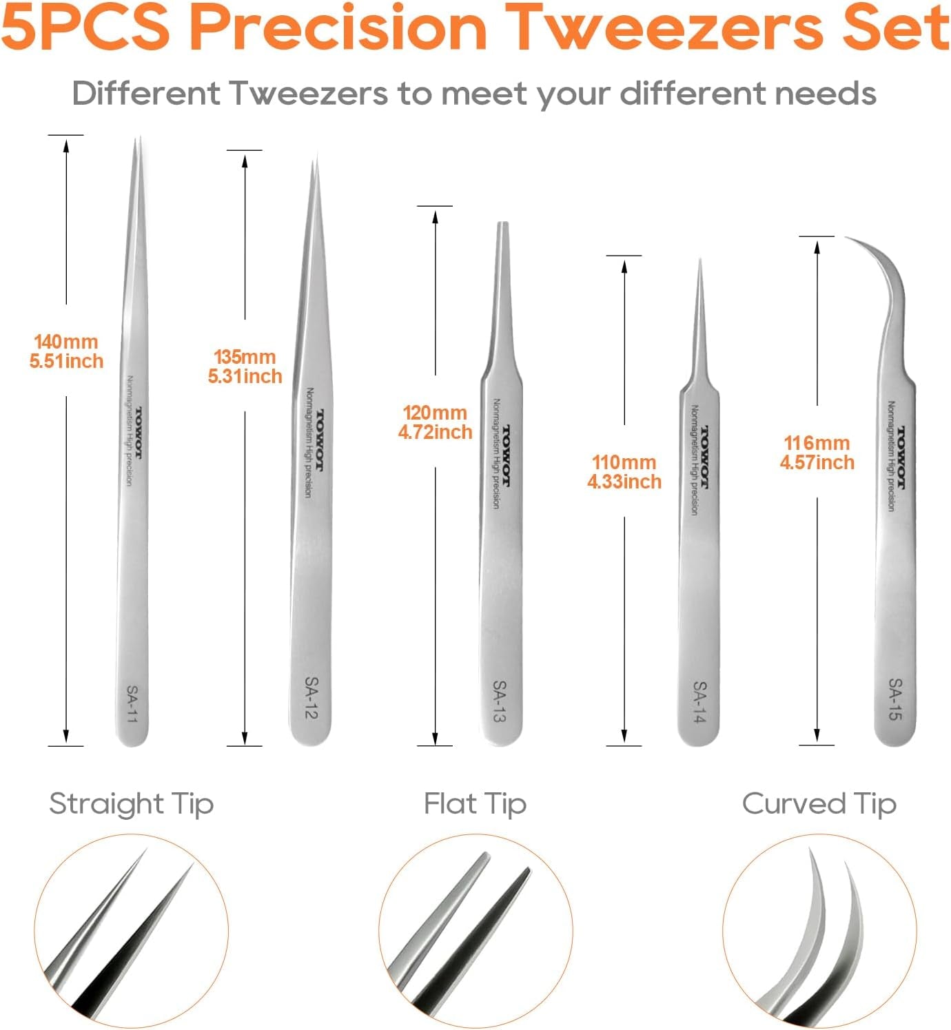 Precision Tweezers 5 PCS Stainless Steel
