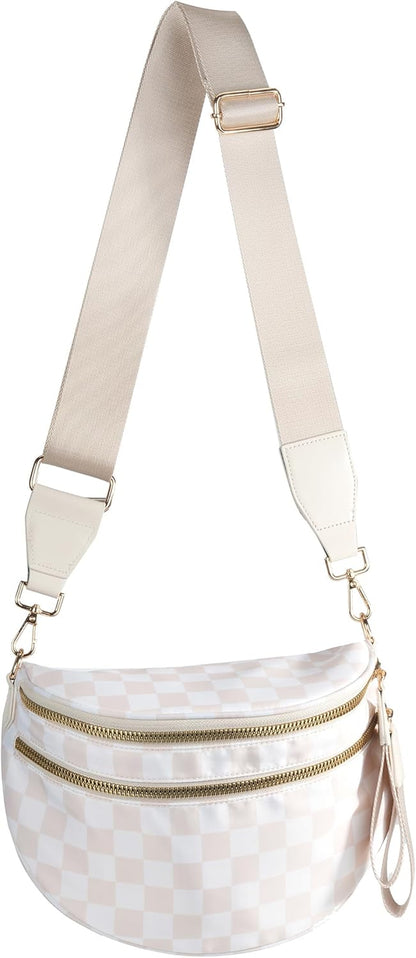 Spacious Checkered Nylon Crossbody Bag