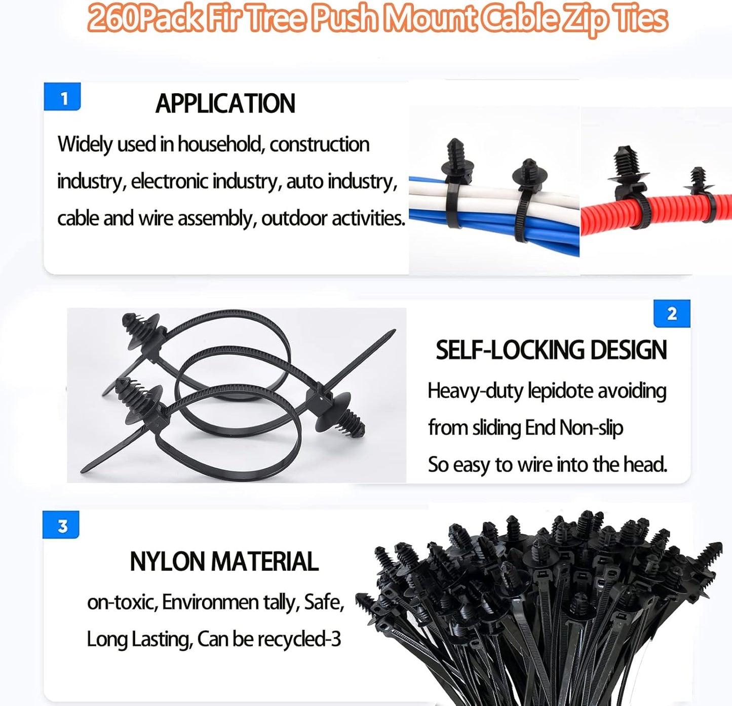 240Pcs Push Mount Cable Zip Tie,Nylon 