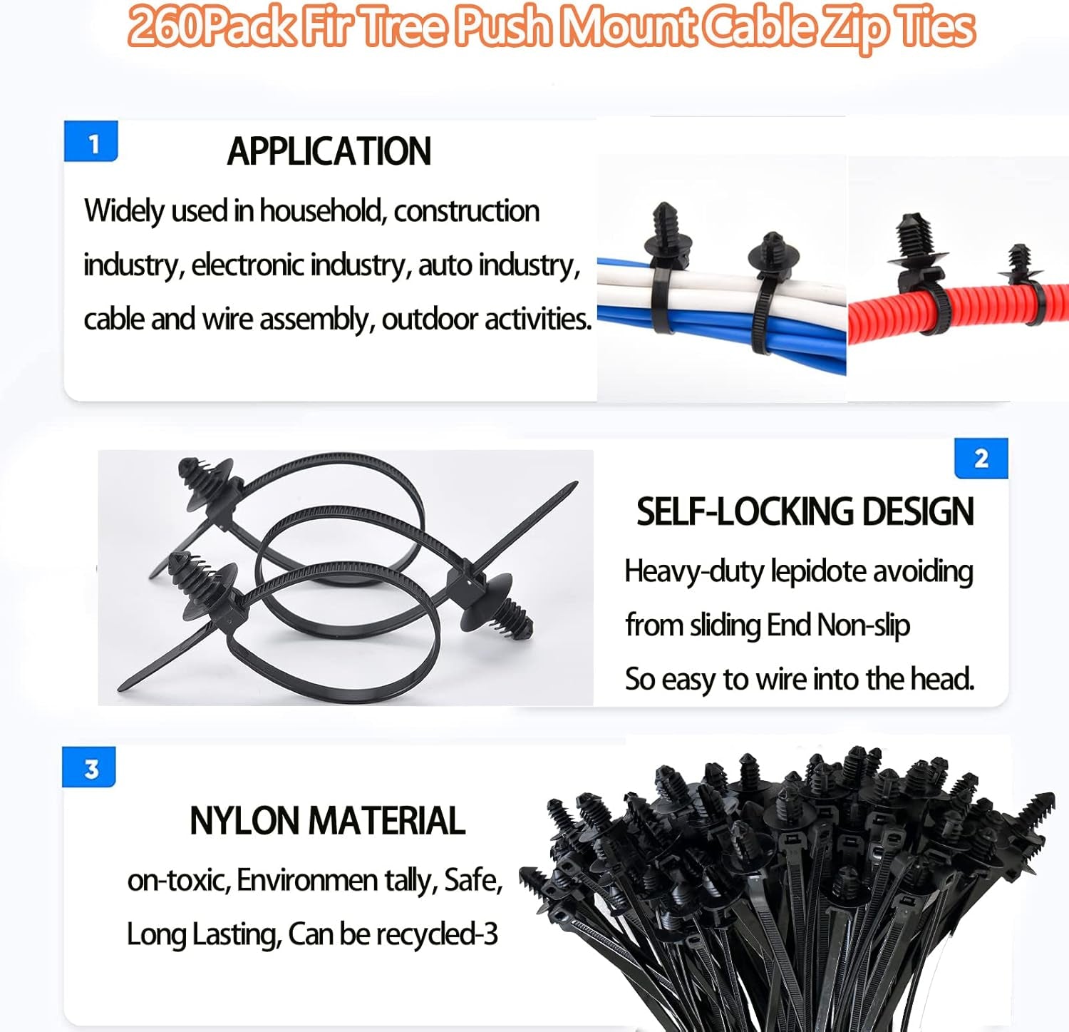 240Pcs Push Mount Cable Zip Tie,Nylon 