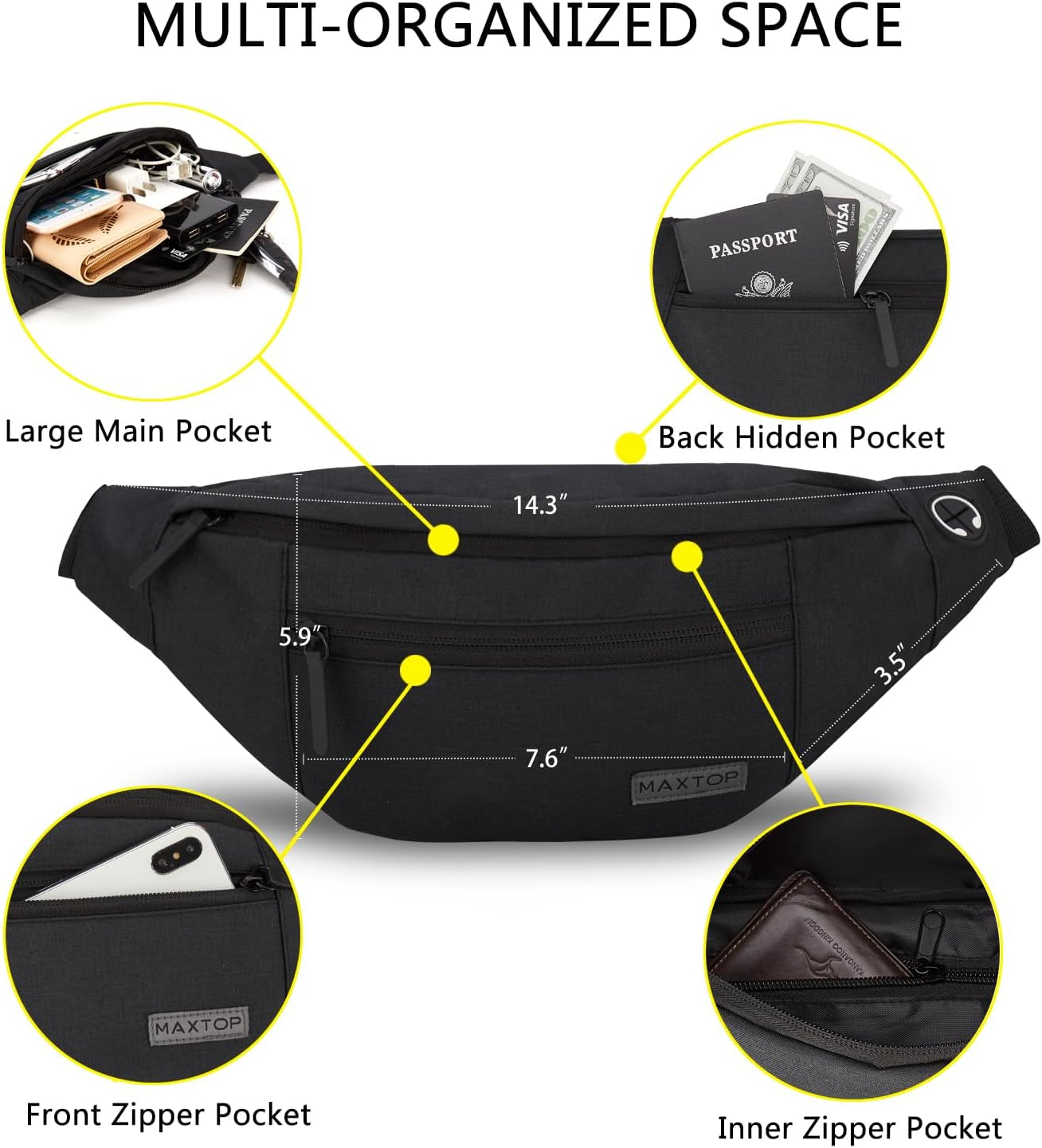 Large Crossbody Fanny Pack with 4Zipper 