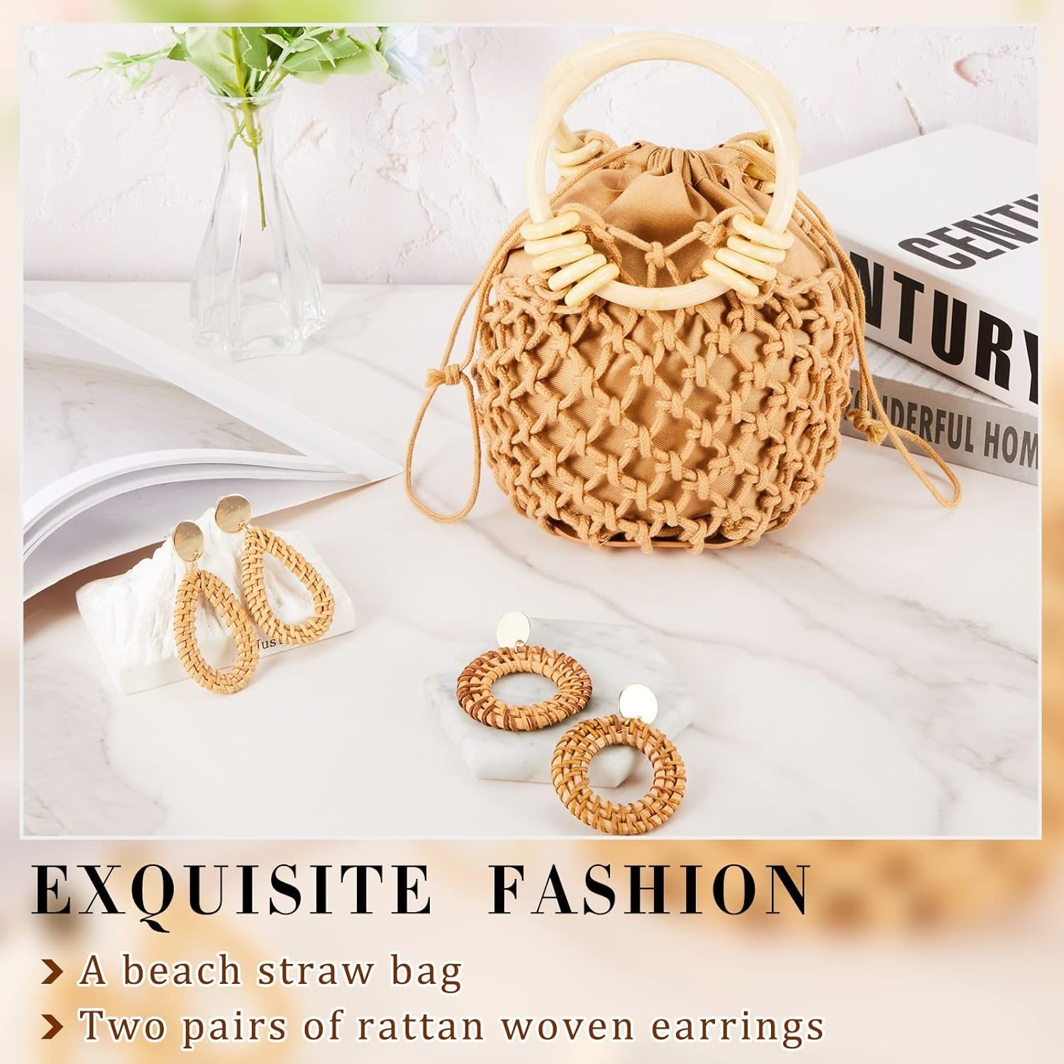 Mini Clutch Tote Handbag 2 Pairs Rattan 