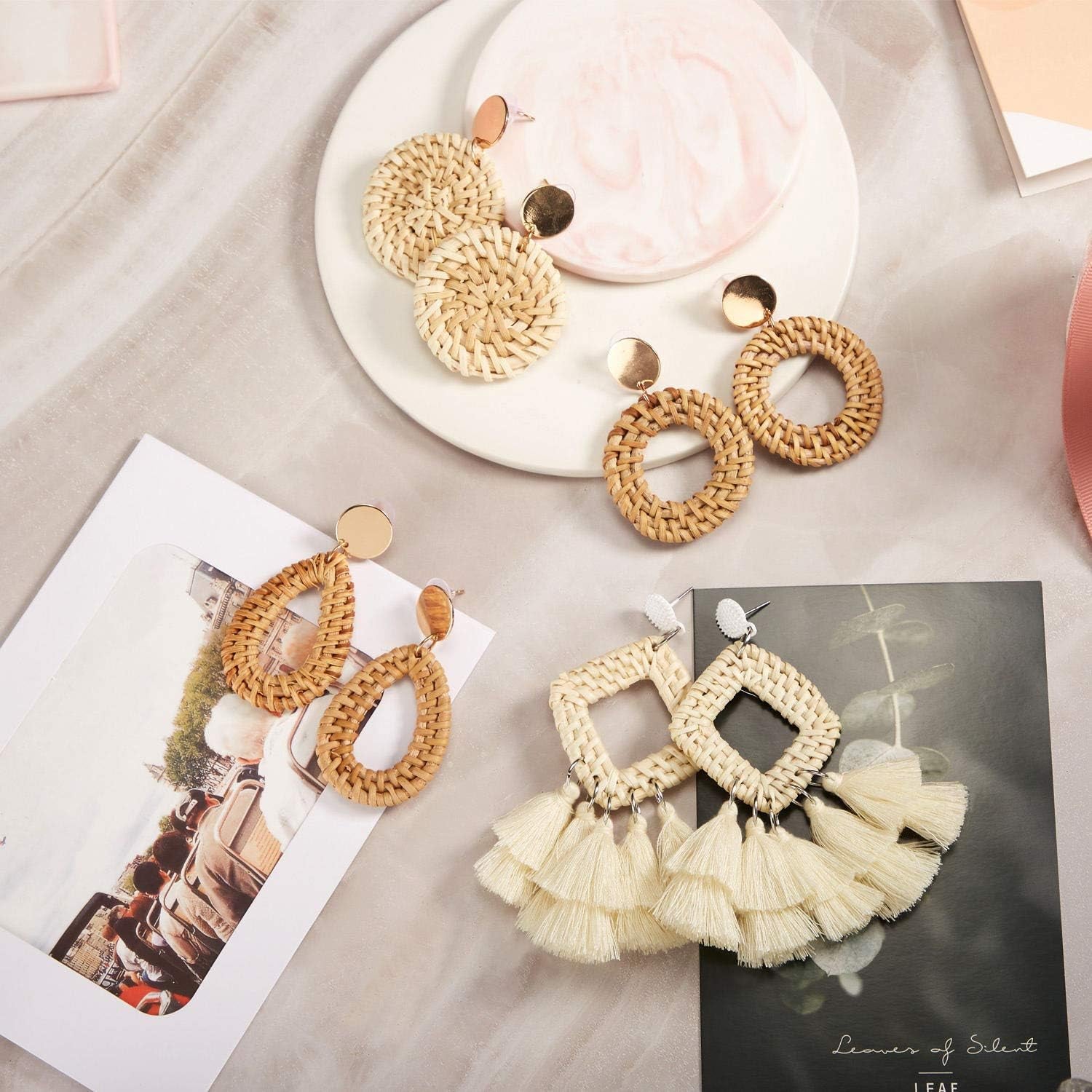 4 Pairs Rattan Earrings for Women Beach
