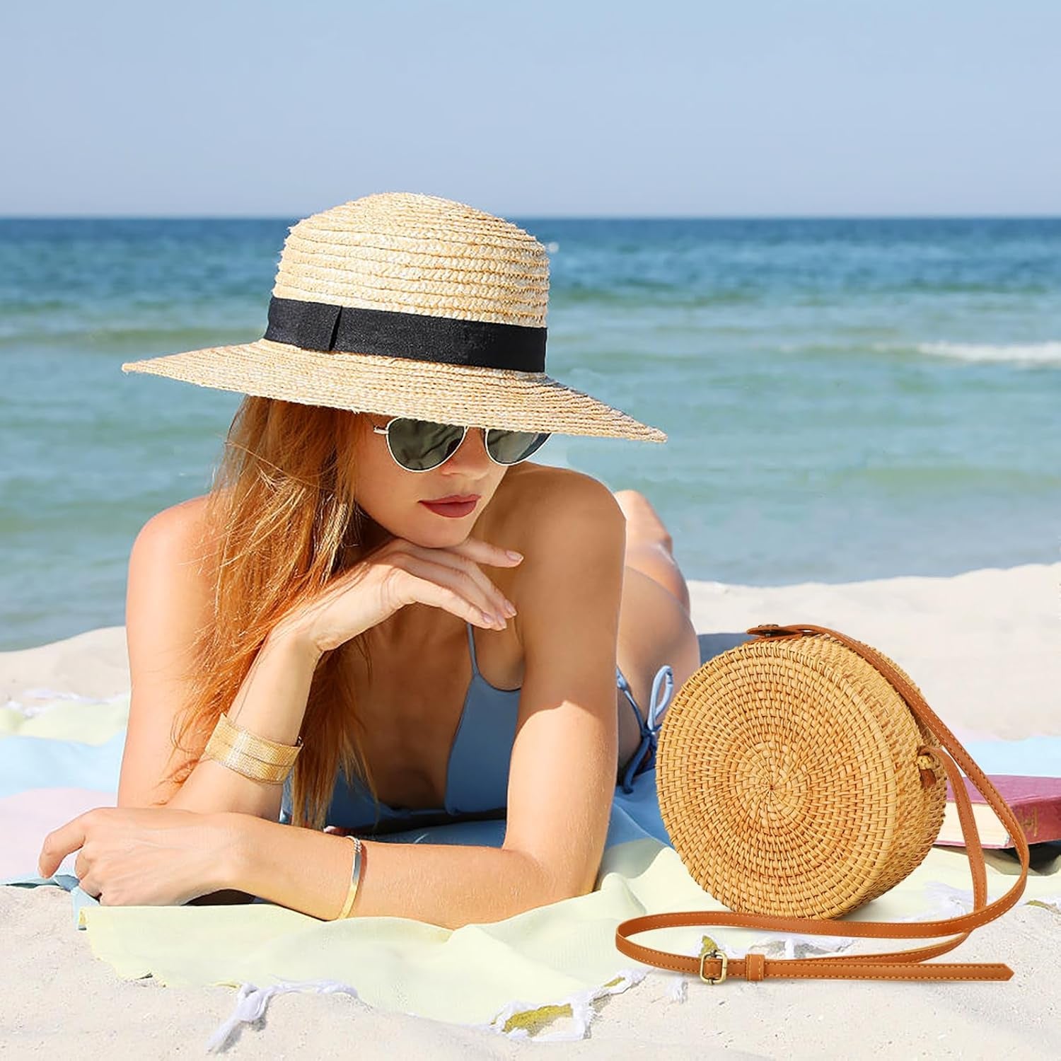 Boho Rattan Crossbody Bag, Handwoven .
