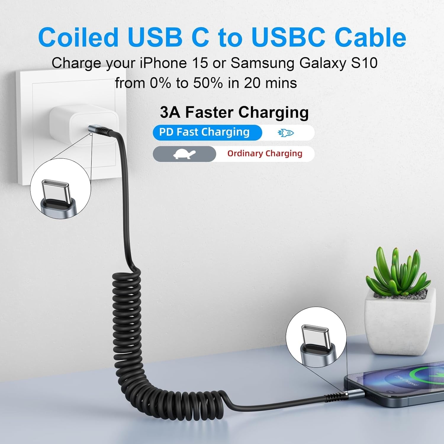 USB C to C Cable 3Ft 2Pack Coiled USB
