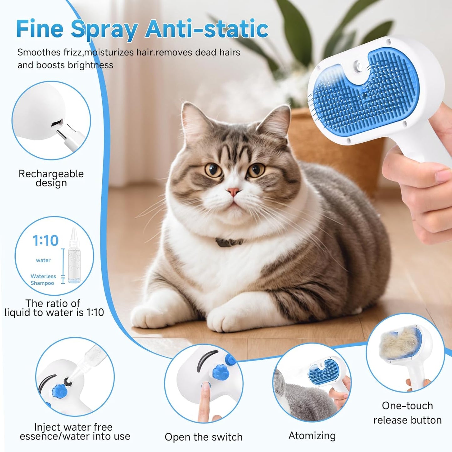 Pet Steam Brush for Dog & Cat - 3-In-1