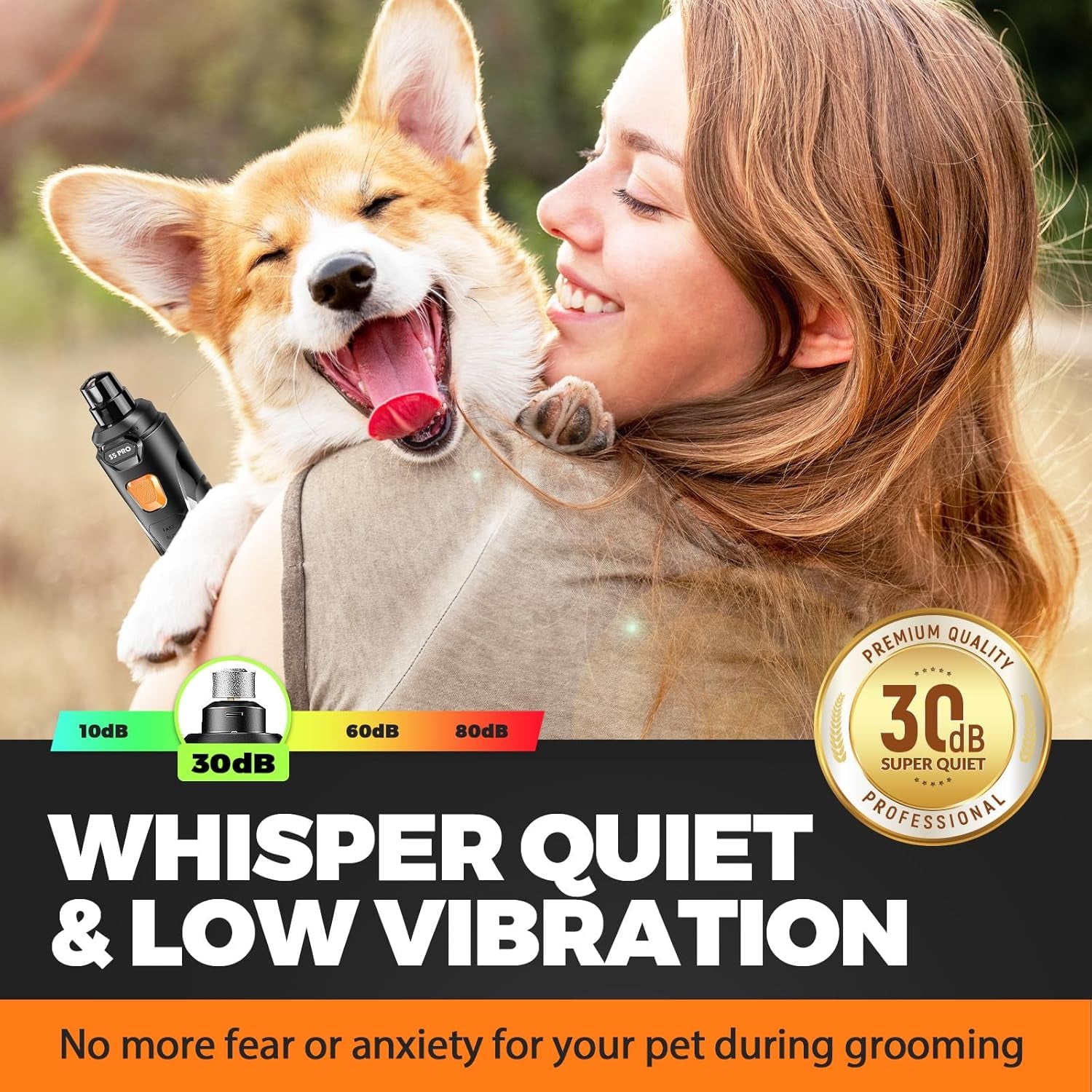 Whisper Quiet Dog Nail Grinder with 4 LED