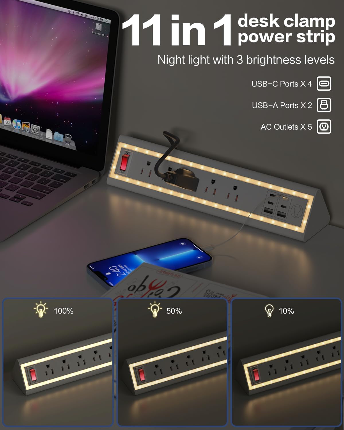 Desk Clamp Power Strip with Nightlight